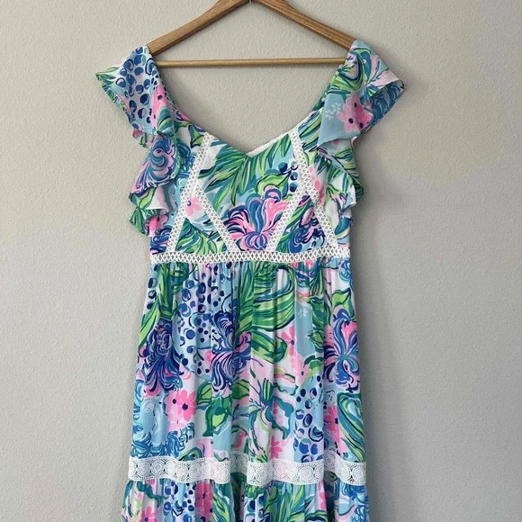 Lilly Pulitzer 6 Ivie Maxi Dress Kitten Around Fit & Flare Flutter Sleeve Lace - Picture 5 of 12